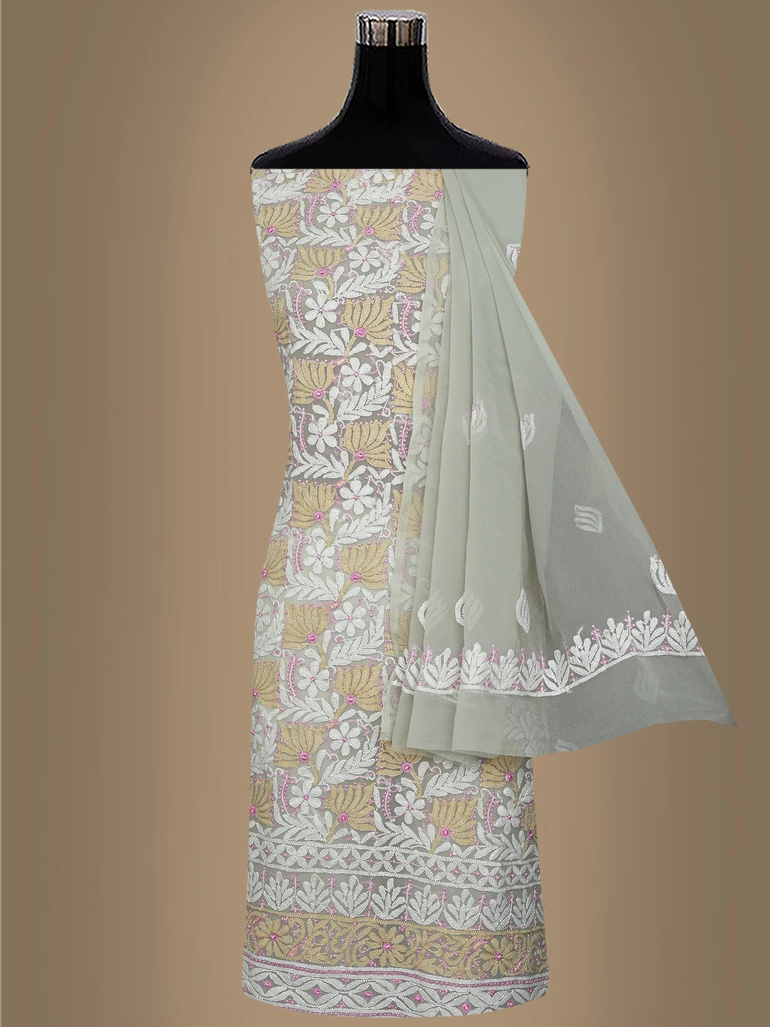 Ada Hand Embroidered Ash Grey Georgette Lucknowi Chikankari Unstitched Suit Piece 01A857251