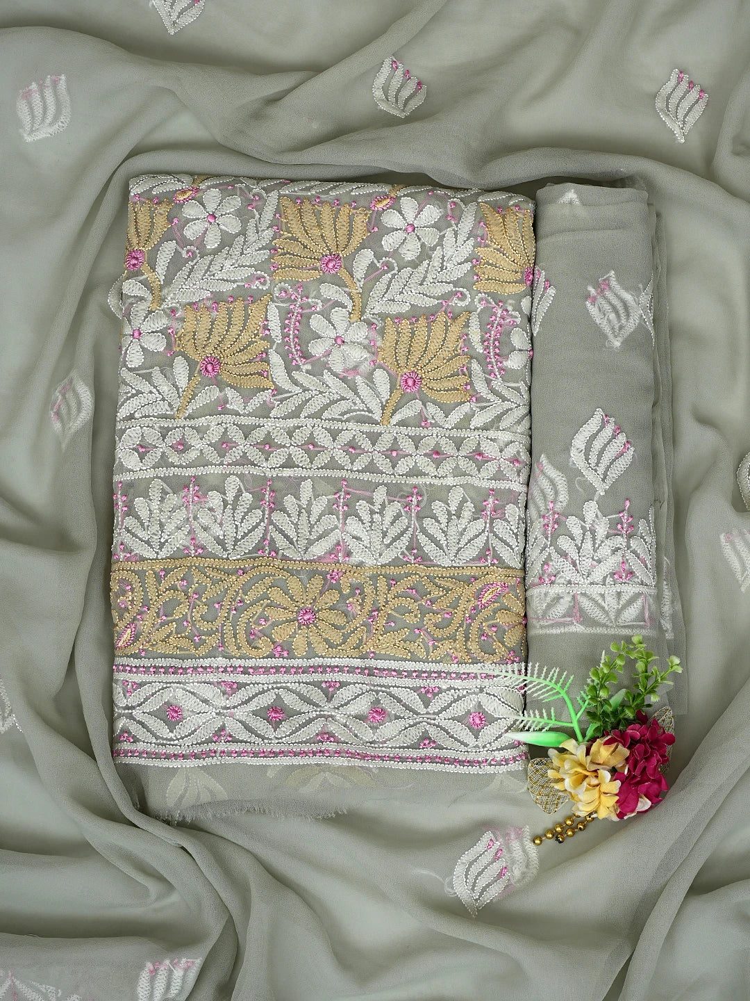 Ada Hand Embroidered Ash Grey Georgette Lucknowi Chikankari Unstitched Suit Piece 01A857251