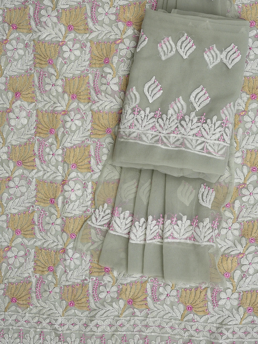Ada Hand Embroidered Ash Grey Georgette Lucknowi Chikankari Unstitched Suit Piece 01A857251