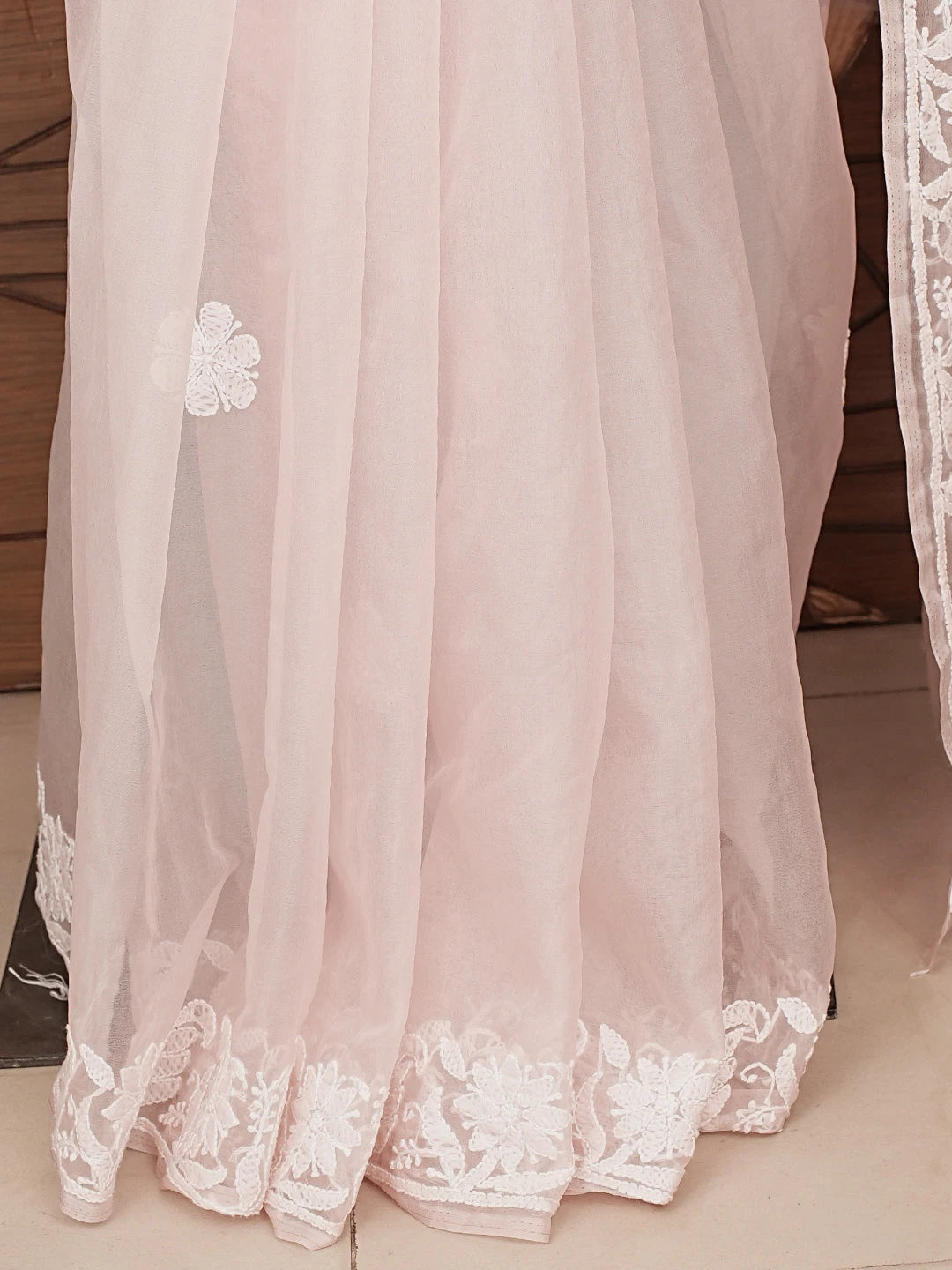 Ada Hand Embroidered Light Pink Organza Lucknowi Chikankari Saree and Blouse 01A772249