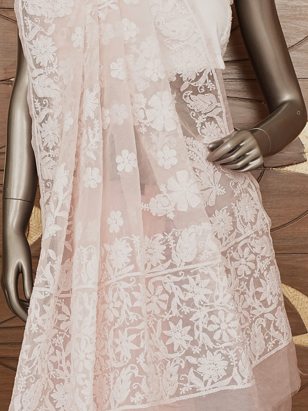 Ada Hand Embroidered Light Pink Organza Lucknowi Chikankari Saree and Blouse 01A772249
