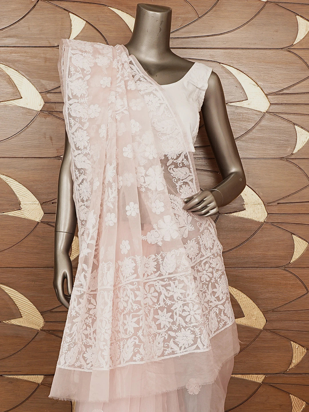 Ada Hand Embroidered Light Pink Organza Lucknowi Chikankari Saree and Blouse 01A772249