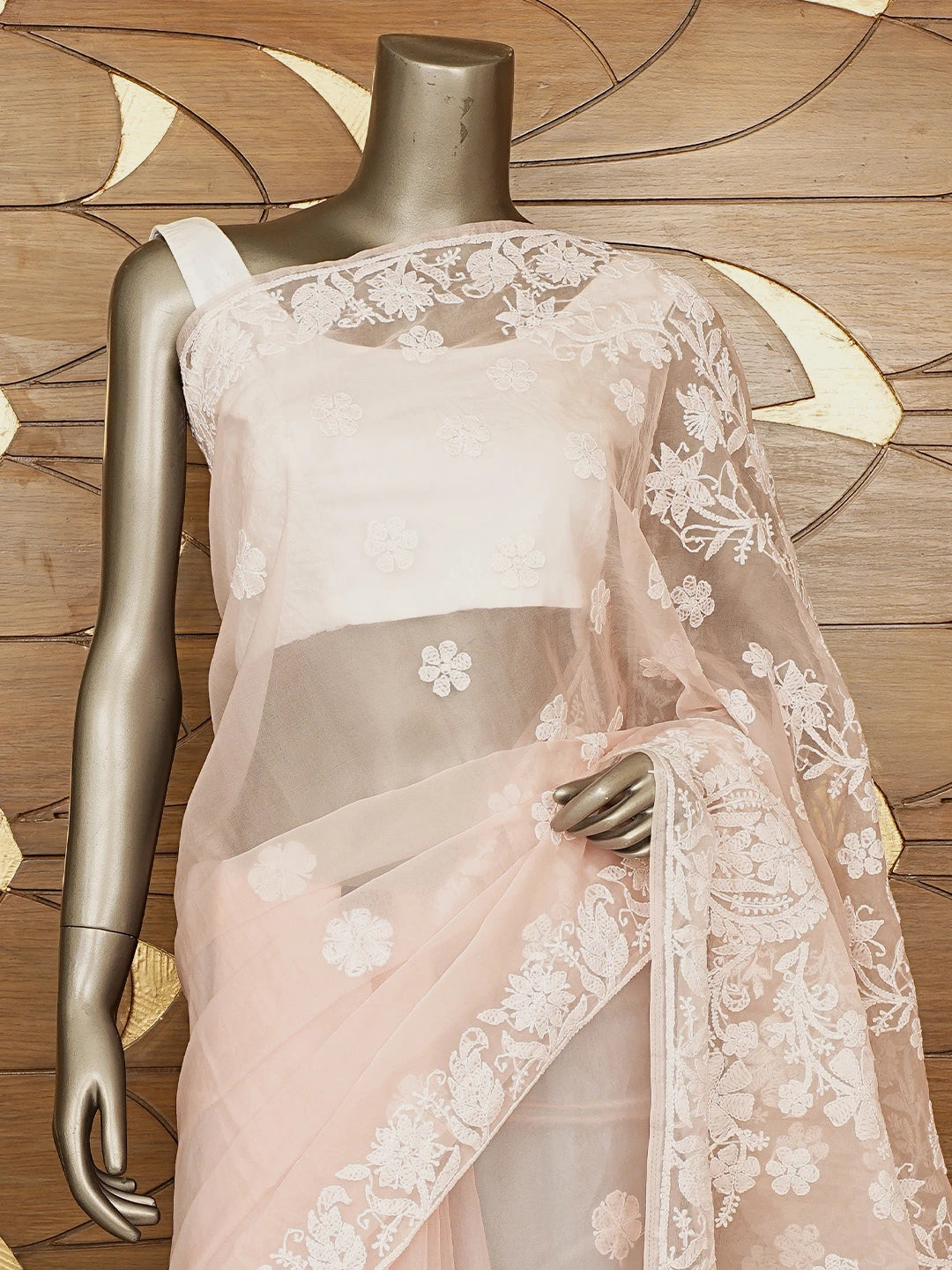 Ada Hand Embroidered Light Pink Organza Lucknowi Chikankari Saree and Blouse 01A772249