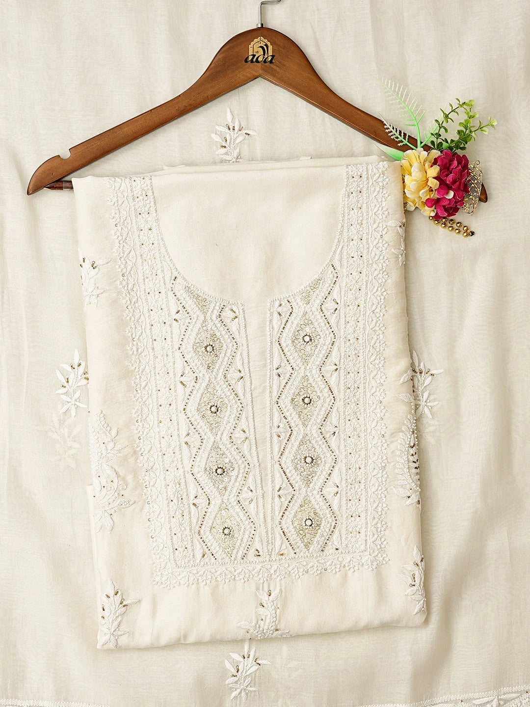 Ada Hand Embroidered White Cornsilk Chanderi Lucknowi Chikankari Unstitched Kurta Dupatta Set With Cutdana Work 01A548886