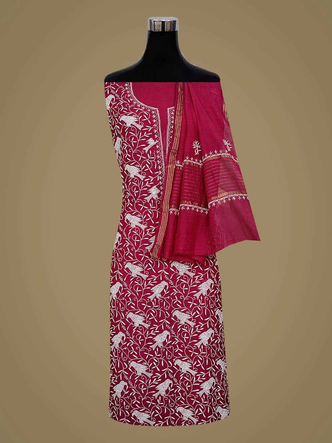 Ada Hand Embroidered Wine Chanderi Lucknowi Chikankari Unstitched Kurta Dupatta Set With Cutdana Work 01A832256
