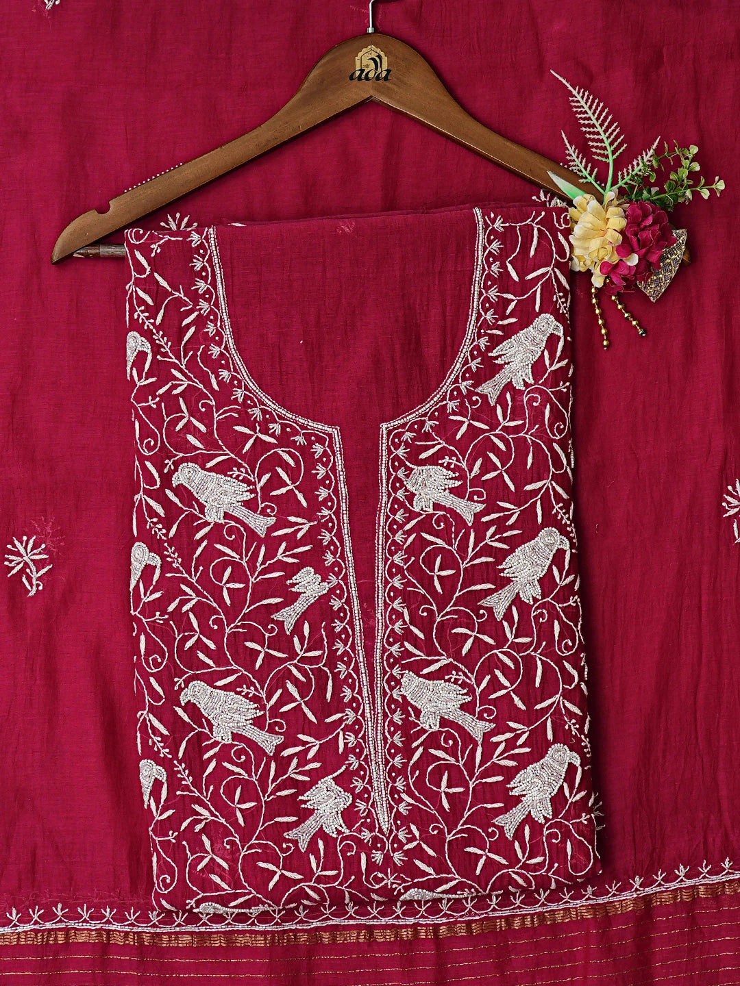 Ada Hand Embroidered Wine Chanderi Lucknowi Chikankari Unstitched Kurta Dupatta Set With Cutdana Work 01A832256