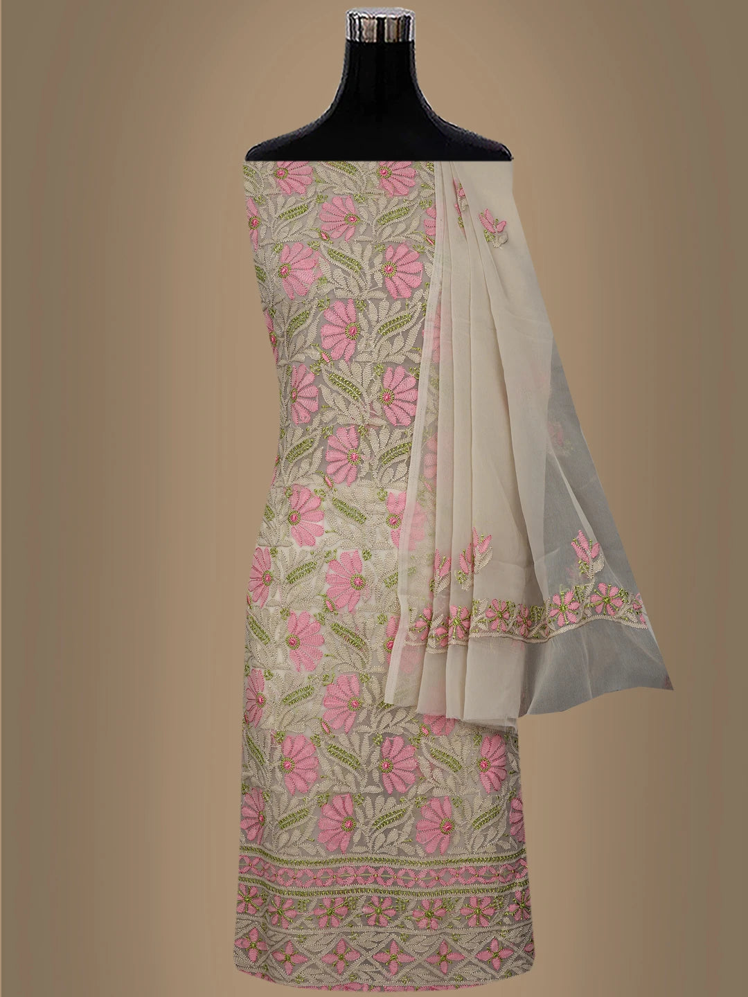 Ada Hand Embroidered Dusty Fawn Georgette Lucknowi Chikankari Unstitched Suit Piece 01A857249