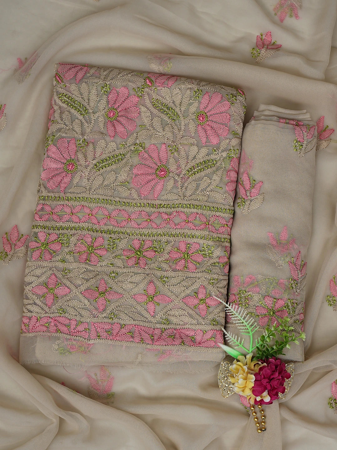 Ada Hand Embroidered Dusty Fawn Georgette Lucknowi Chikankari Unstitched Suit Piece 01A857249