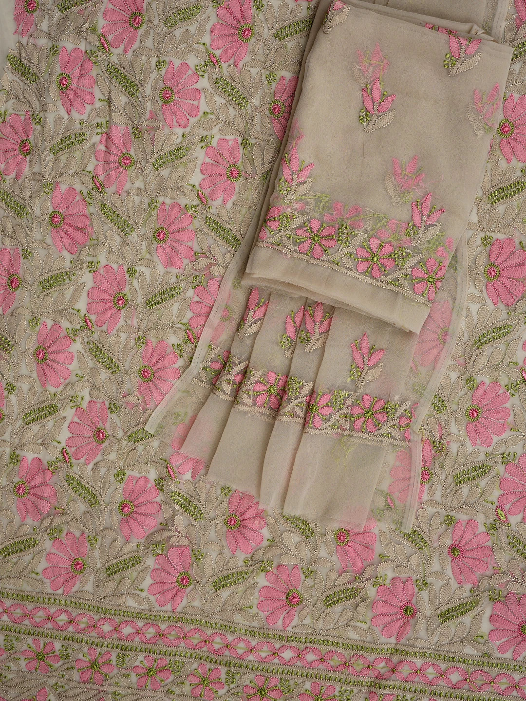 Ada Hand Embroidered Dusty Fawn Georgette Lucknowi Chikankari Unstitched Suit Piece 01A857249
