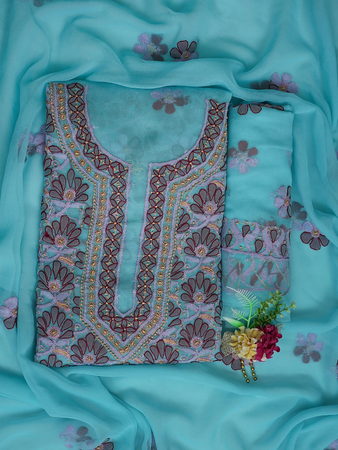 Ada Hand Embroidered Arctic Blue Georgette Lucknowi Chikankari Unstitched Suit Piece 01A857262