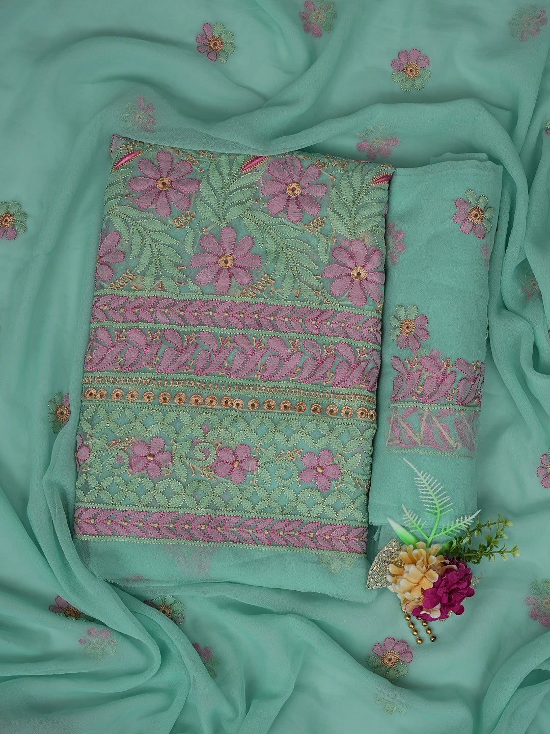 Ada Hand Embroidered Sea Green Georgette Lucknowi Chikankari Unstitched Suit Piece 01A857247