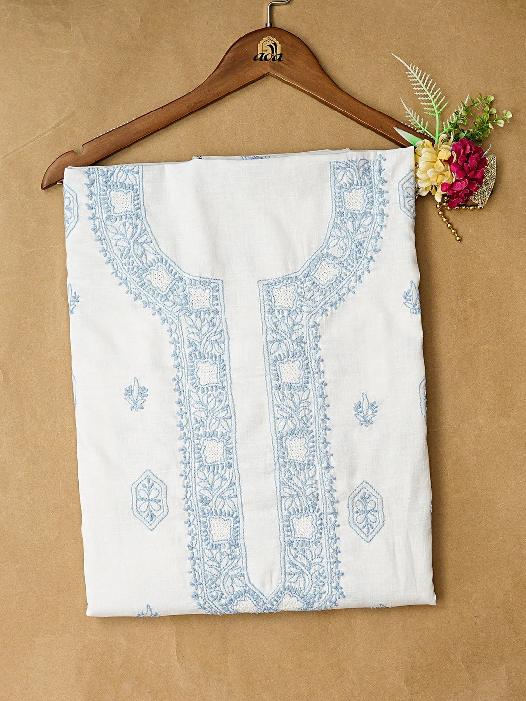 Ada Hand Embroidered White Cotton Lucknowi Chikankari Unstitched Kurta Piece 01A832324