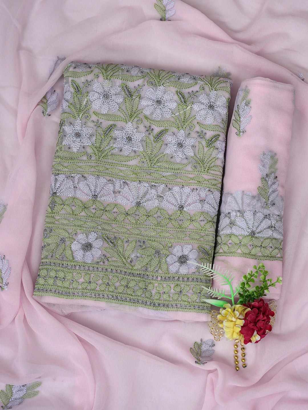 Ada Hand Embroidered Pink Georgette Lucknowi Chikankari Unstitched Suit Piece 01A857255