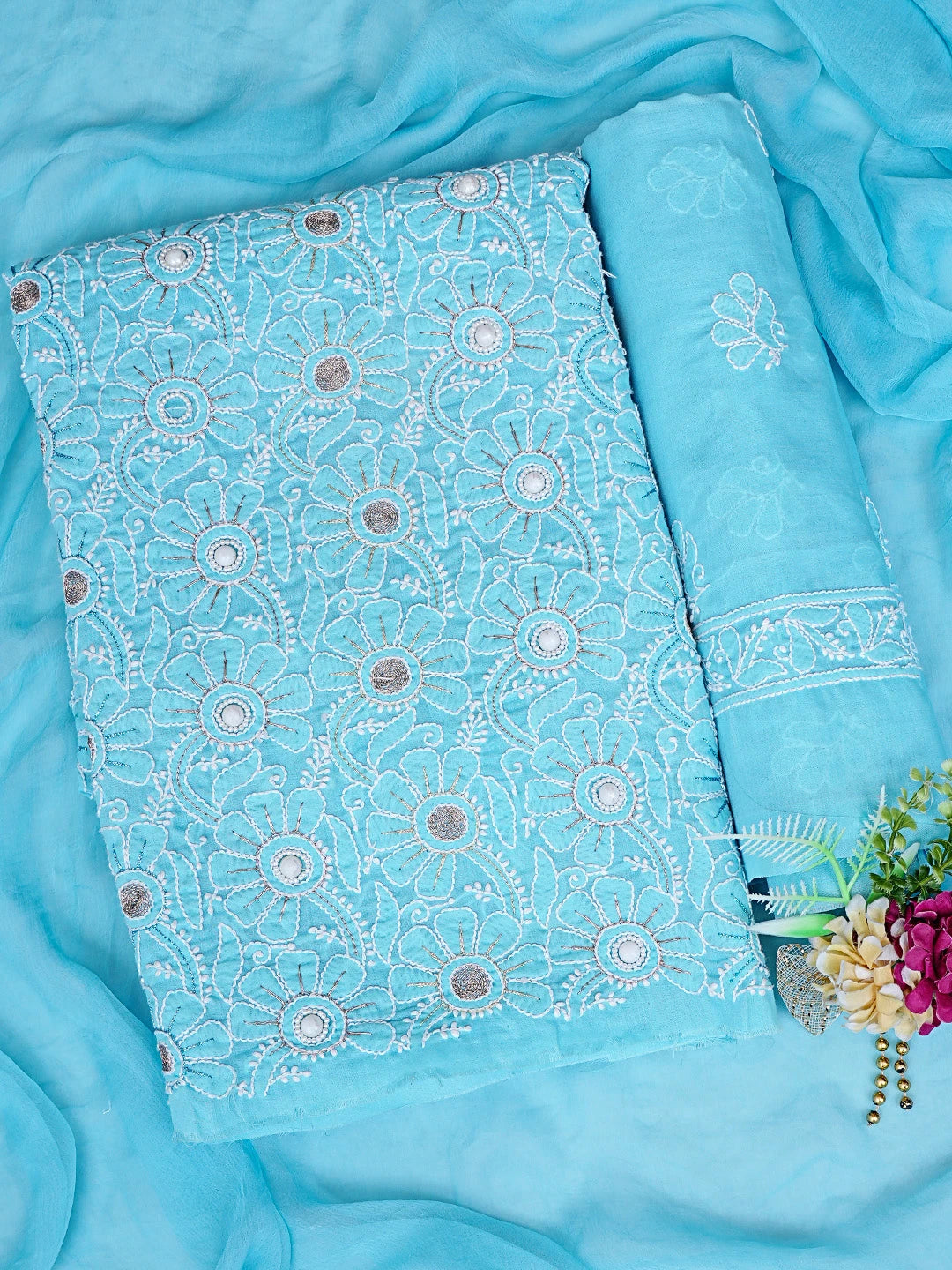 Ada Hand Embroidered Blue Cotton Lucknowi Chikankari Unstitched Suit Piece With Zari Work 01A367100