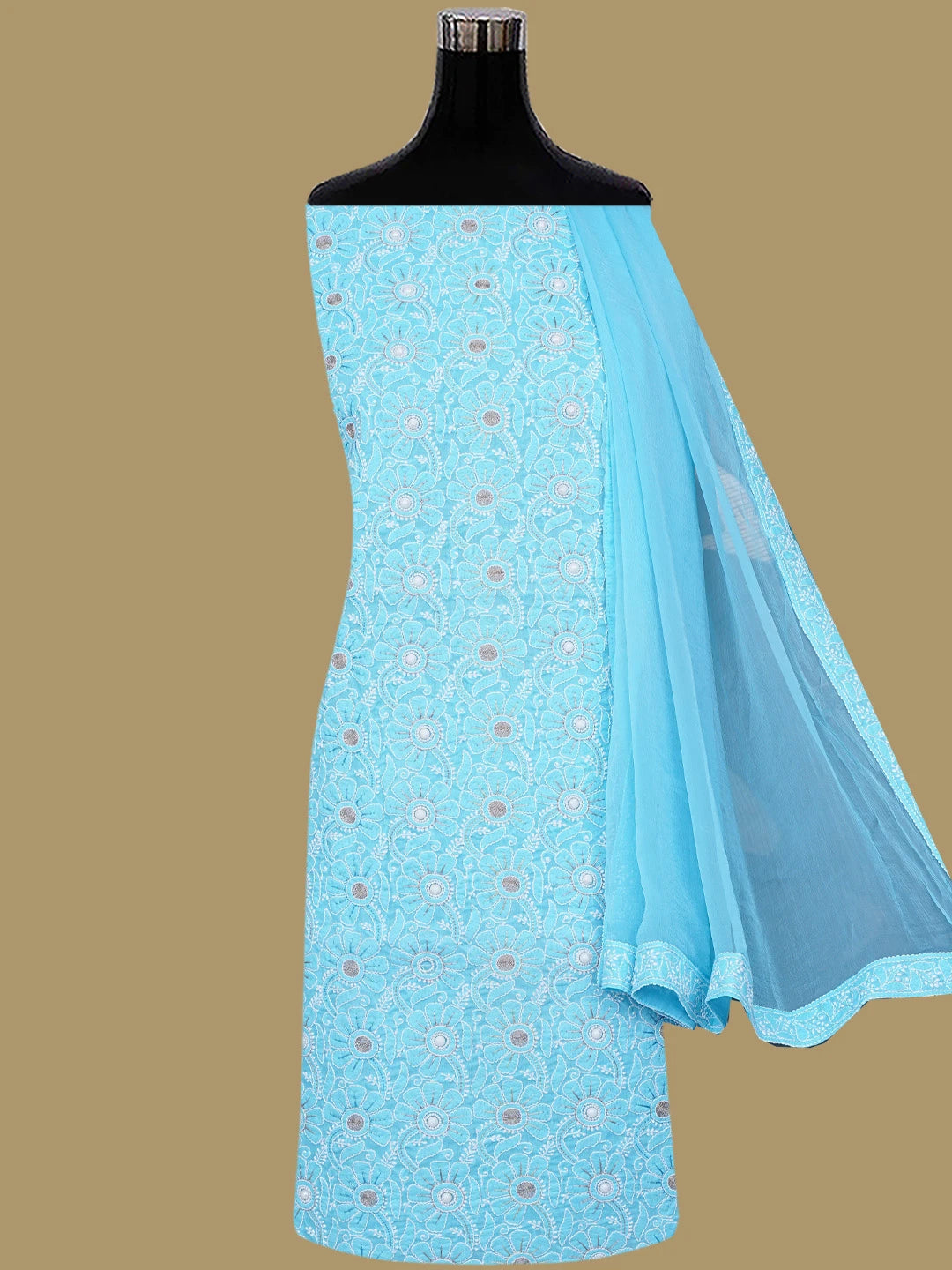 Ada Hand Embroidered Blue Cotton Lucknowi Chikankari Unstitched Suit Piece With Zari Work 01A367100
