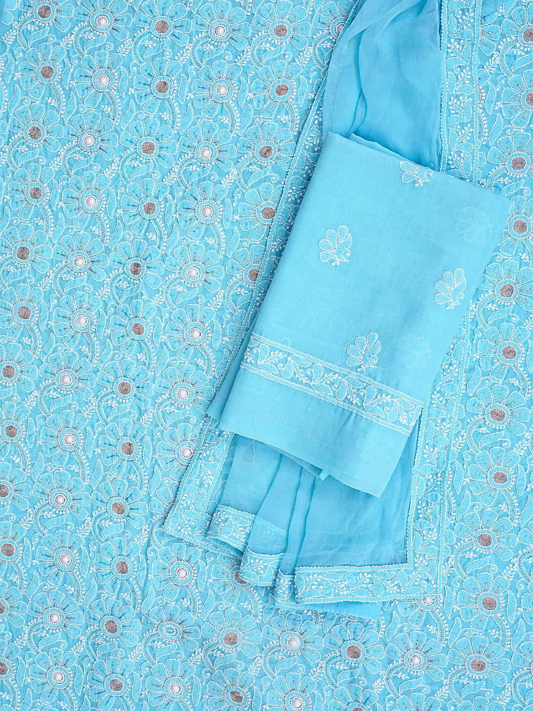 Ada Hand Embroidered Blue Cotton Lucknowi Chikankari Unstitched Suit Piece With Zari Work 01A367100