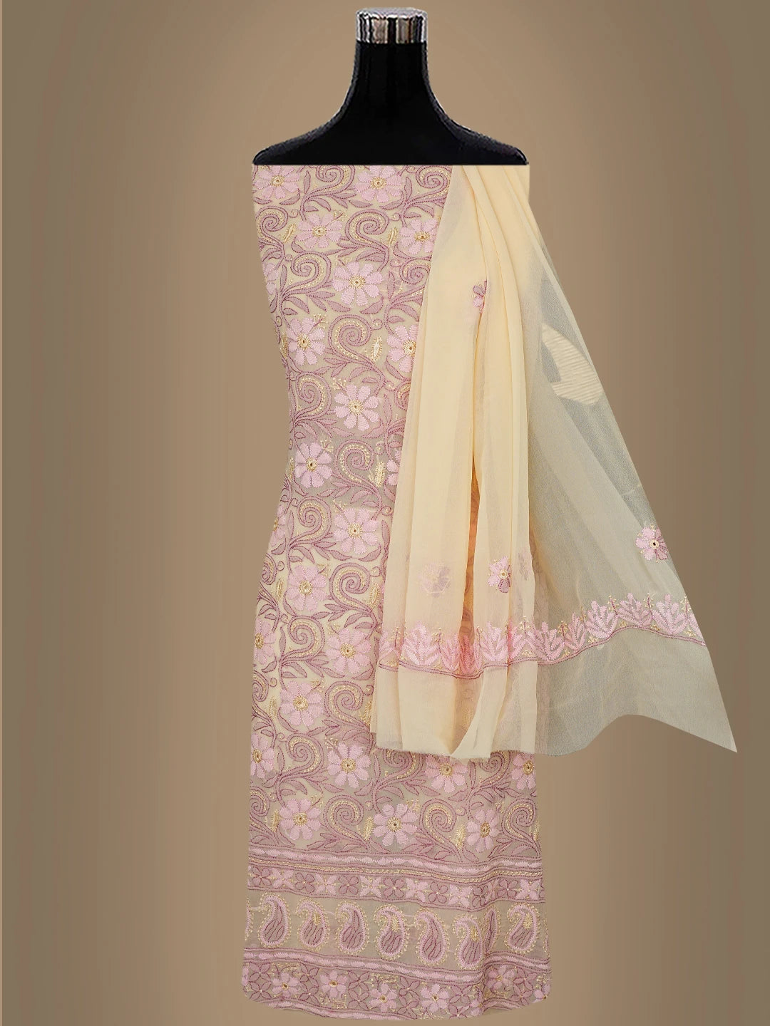 Ada Hand Embroidered Light Fawn Georgette Lucknowi Chikankari Unstitched Suit Piece 01A857211