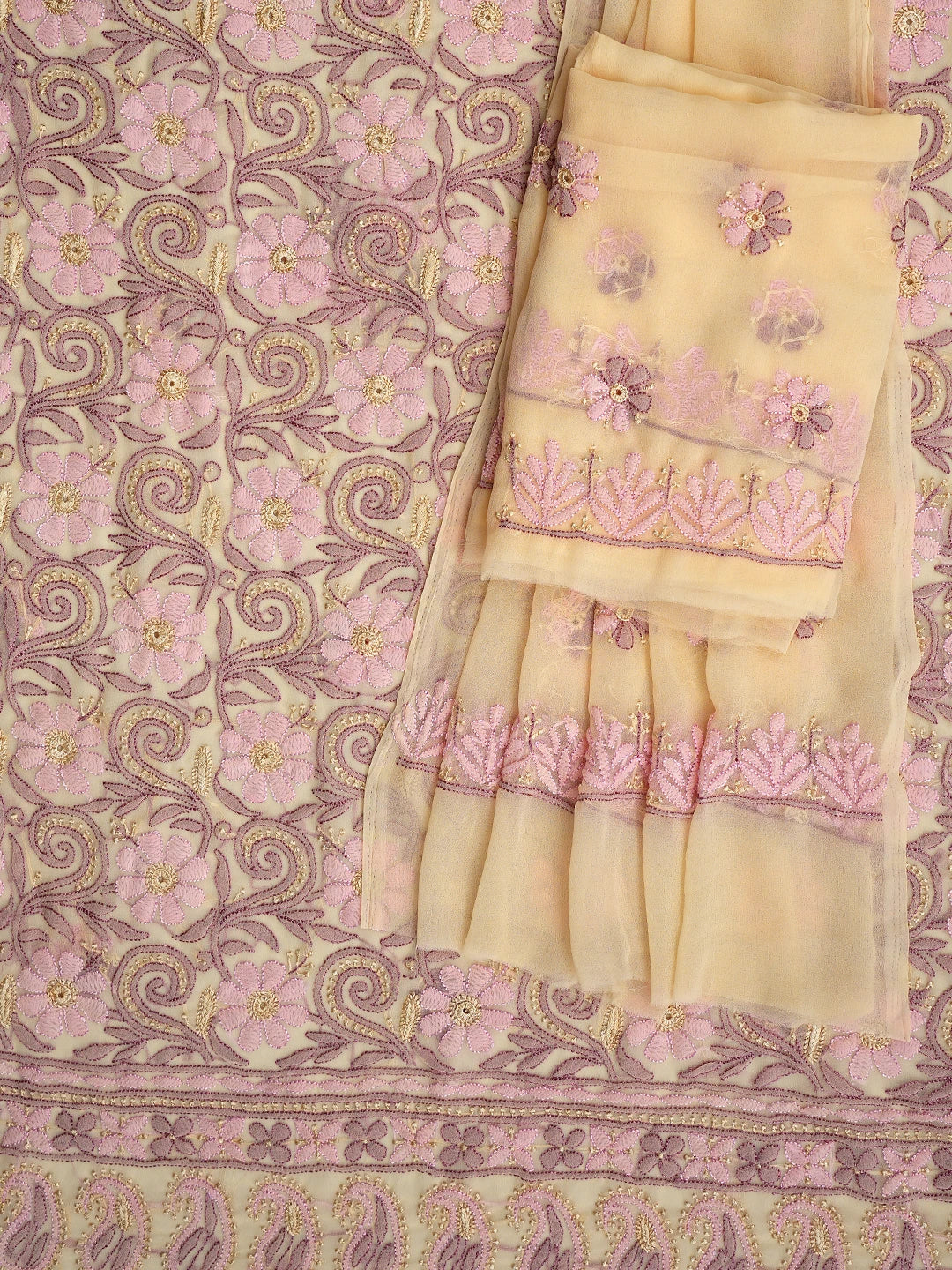 Ada Hand Embroidered Light Fawn Georgette Lucknowi Chikankari Unstitched Suit Piece 01A857211