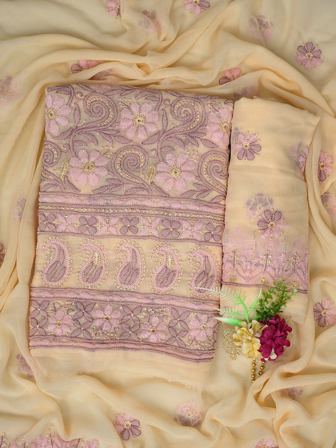 Ada Hand Embroidered Light Fawn Georgette Lucknowi Chikankari Unstitched Suit Piece 01A857211