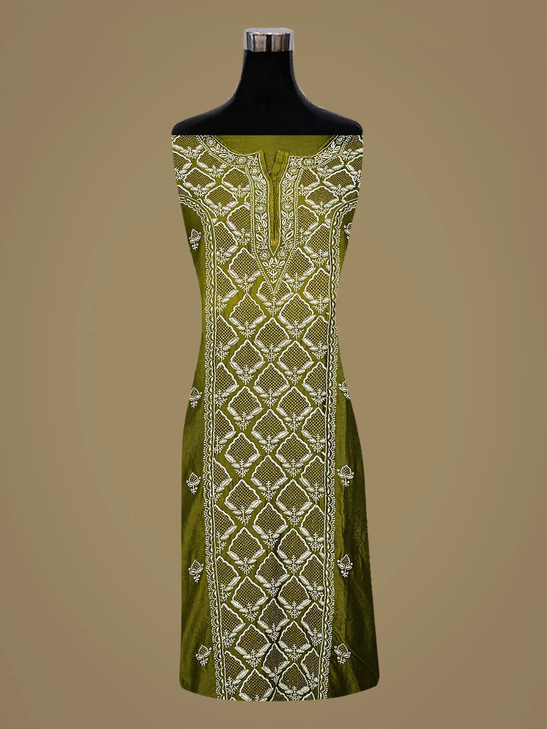 Ada Hand Embroidered Mehendi Green Chanderi Lucknowi Chikankari Semi-Stitched Kurta Dupatta Set With Zari Work 01A647467
