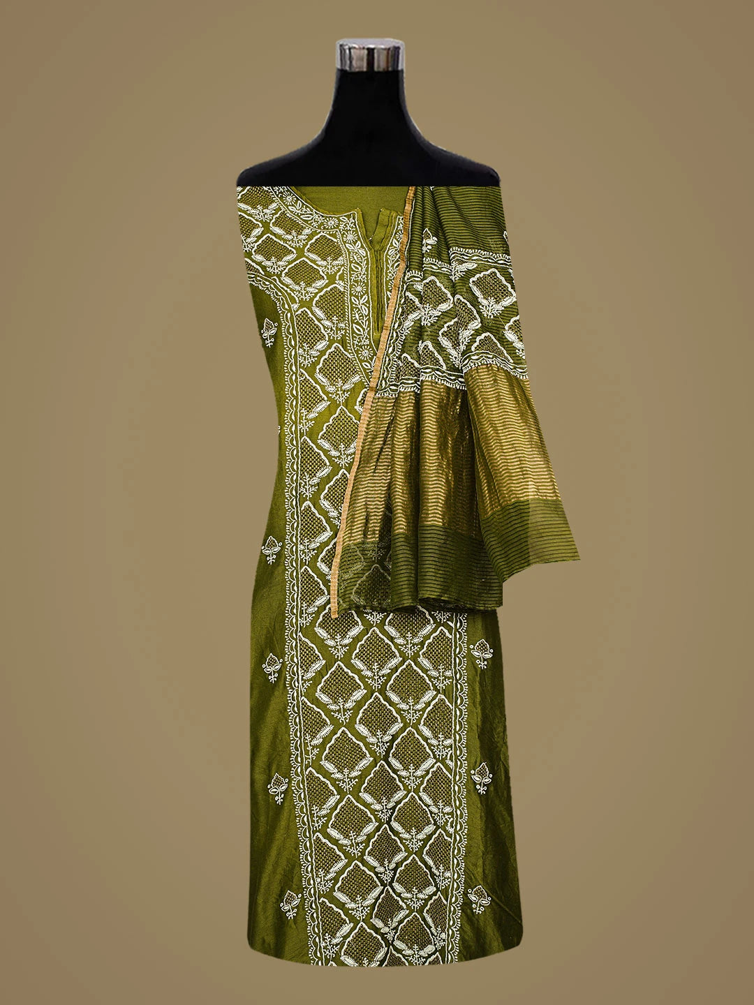 Ada Hand Embroidered Mehendi Green Chanderi Lucknowi Chikankari Semi-Stitched Kurta Dupatta Set With Zari Work 01A647467