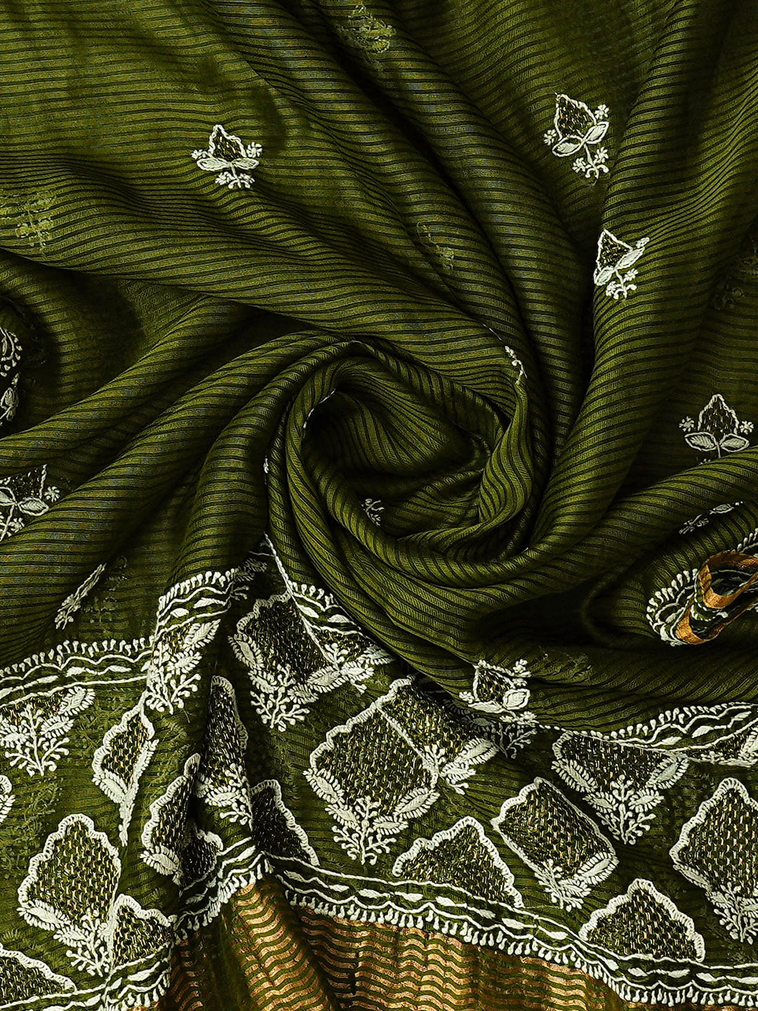 Ada Hand Embroidered Mehendi Green Chanderi Lucknowi Chikankari Semi-Stitched Kurta Dupatta Set With Zari Work 01A647467