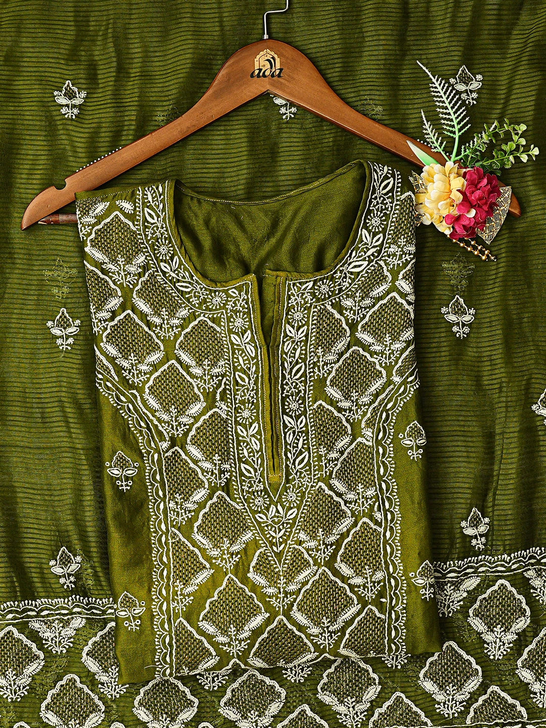Ada Hand Embroidered Mehendi Green Chanderi Lucknowi Chikankari Semi-Stitched Kurta Dupatta Set With Zari Work 01A647467