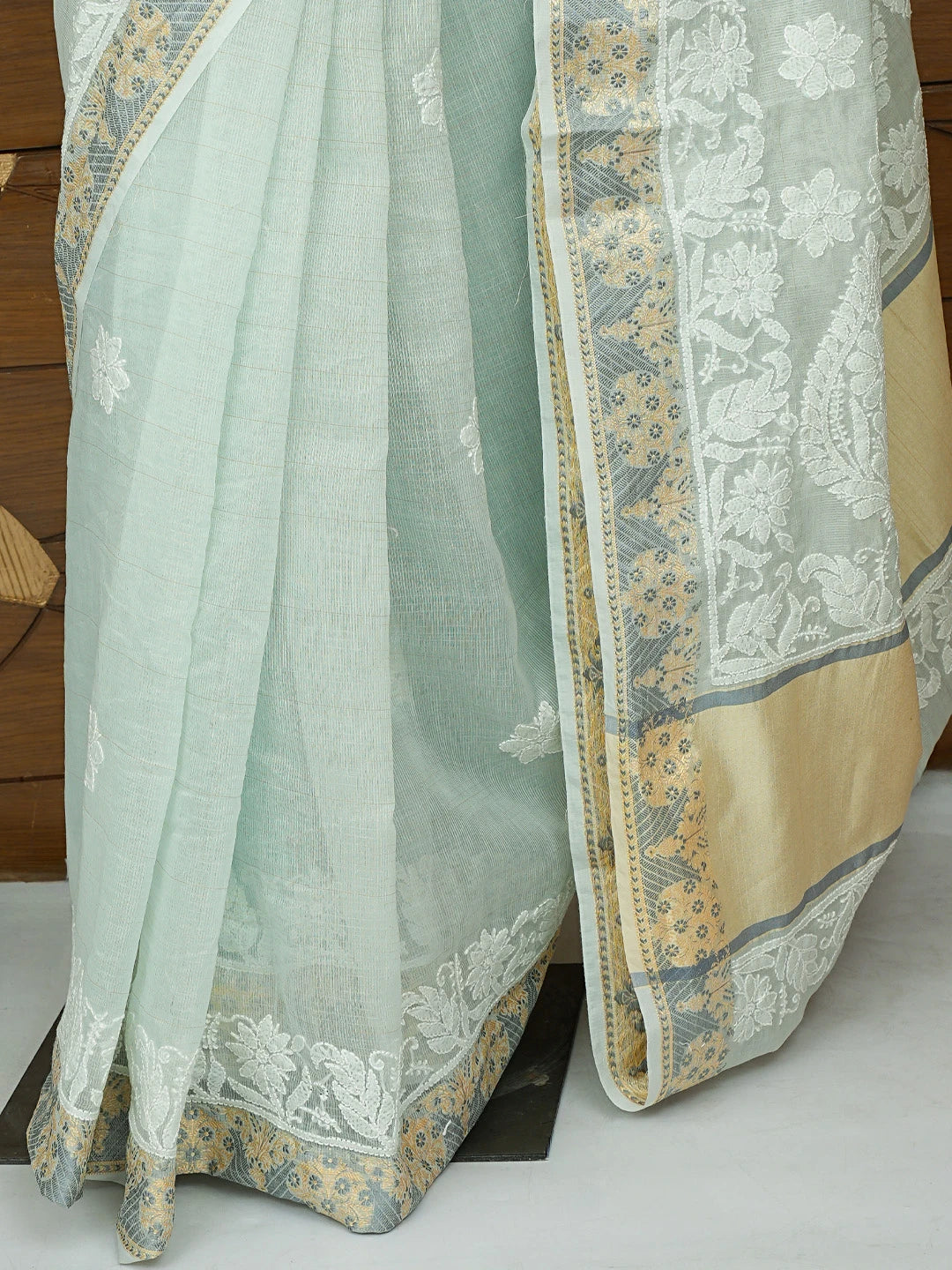 Ada Hand Embroidered Pistachio Green Chanderi Lucknowi Chikankari Saree With Blouse 01A857689