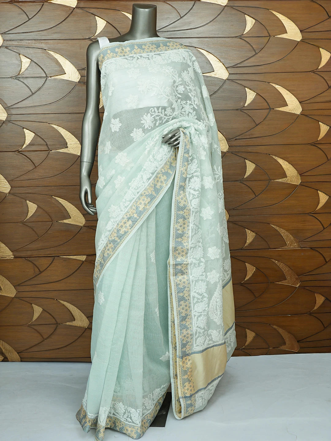 Ada Hand Embroidered Pistachio Green Chanderi Lucknowi Chikankari Saree With Blouse 01A857689