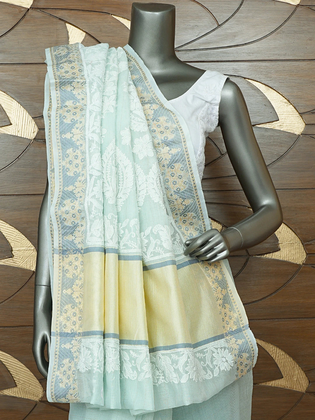Ada Hand Embroidered Pistachio Green Chanderi Lucknowi Chikankari Saree With Blouse 01A857689