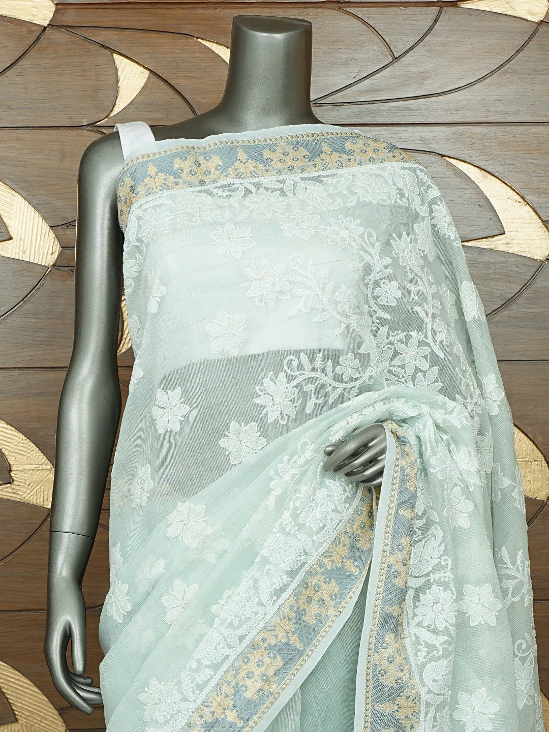Ada Hand Embroidered Pistachio Green Chanderi Lucknowi Chikankari Saree With Blouse 01A857689