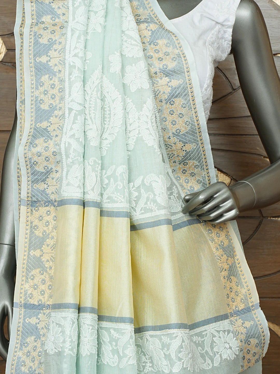 Ada Hand Embroidered Pistachio Green Chanderi Lucknowi Chikankari Saree With Blouse 01A857689