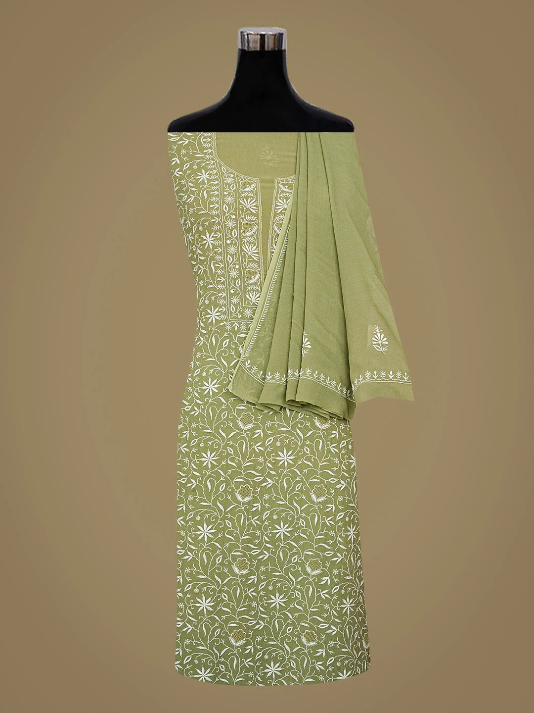 Ada Hand Embroidered Green Viscose Georgette Lucknowi Chikankari Unstitched Kurta Dupatta Set 01A843861