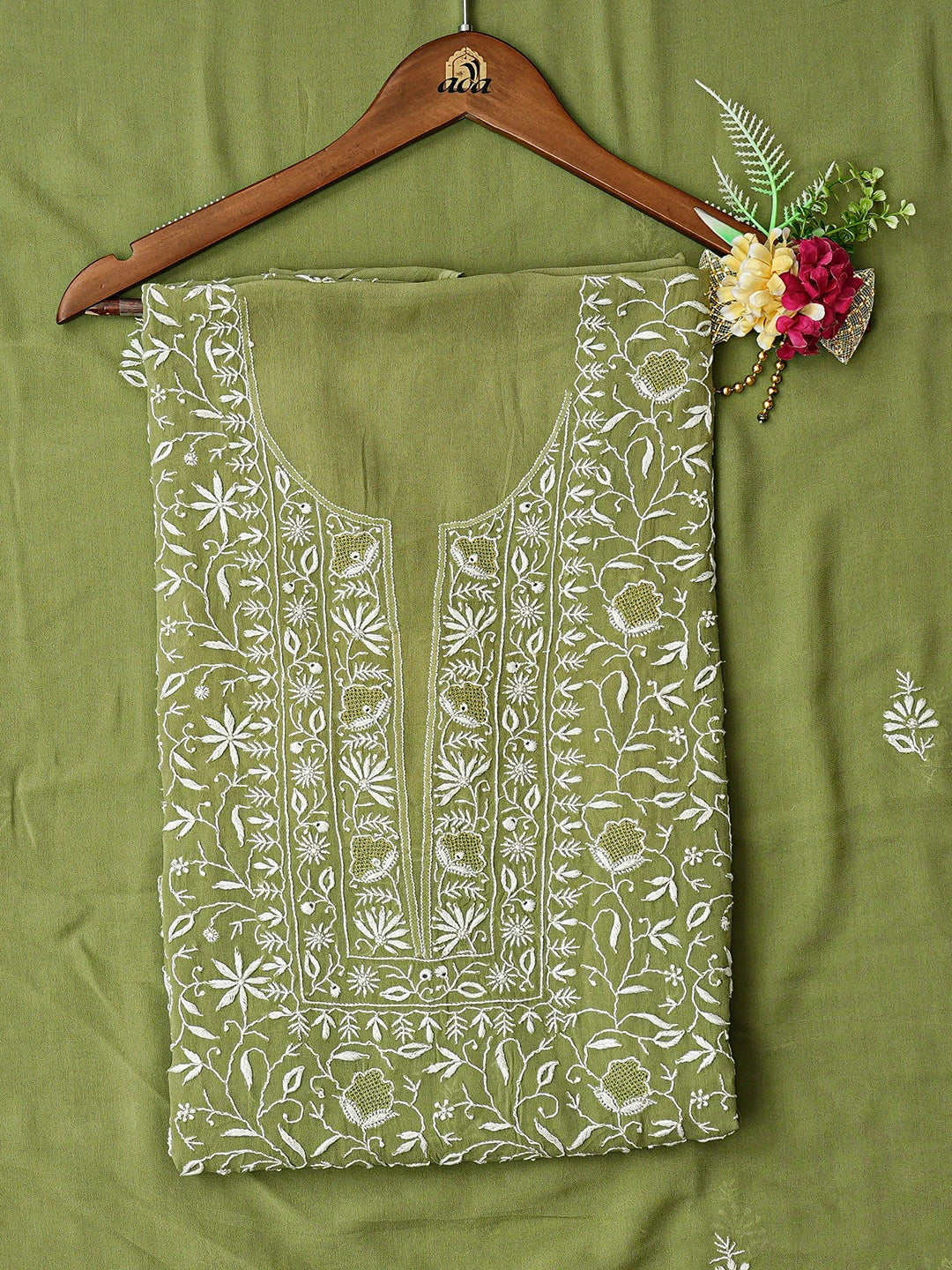 Ada Hand Embroidered Green Viscose Georgette Lucknowi Chikankari Unstitched Kurta Dupatta Set 01A843861