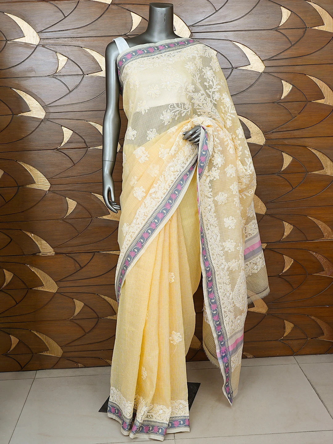 Ada Hand Embroidered Fawn Chanderi Lucknowi Chikankari Saree With Blouse 01A857753