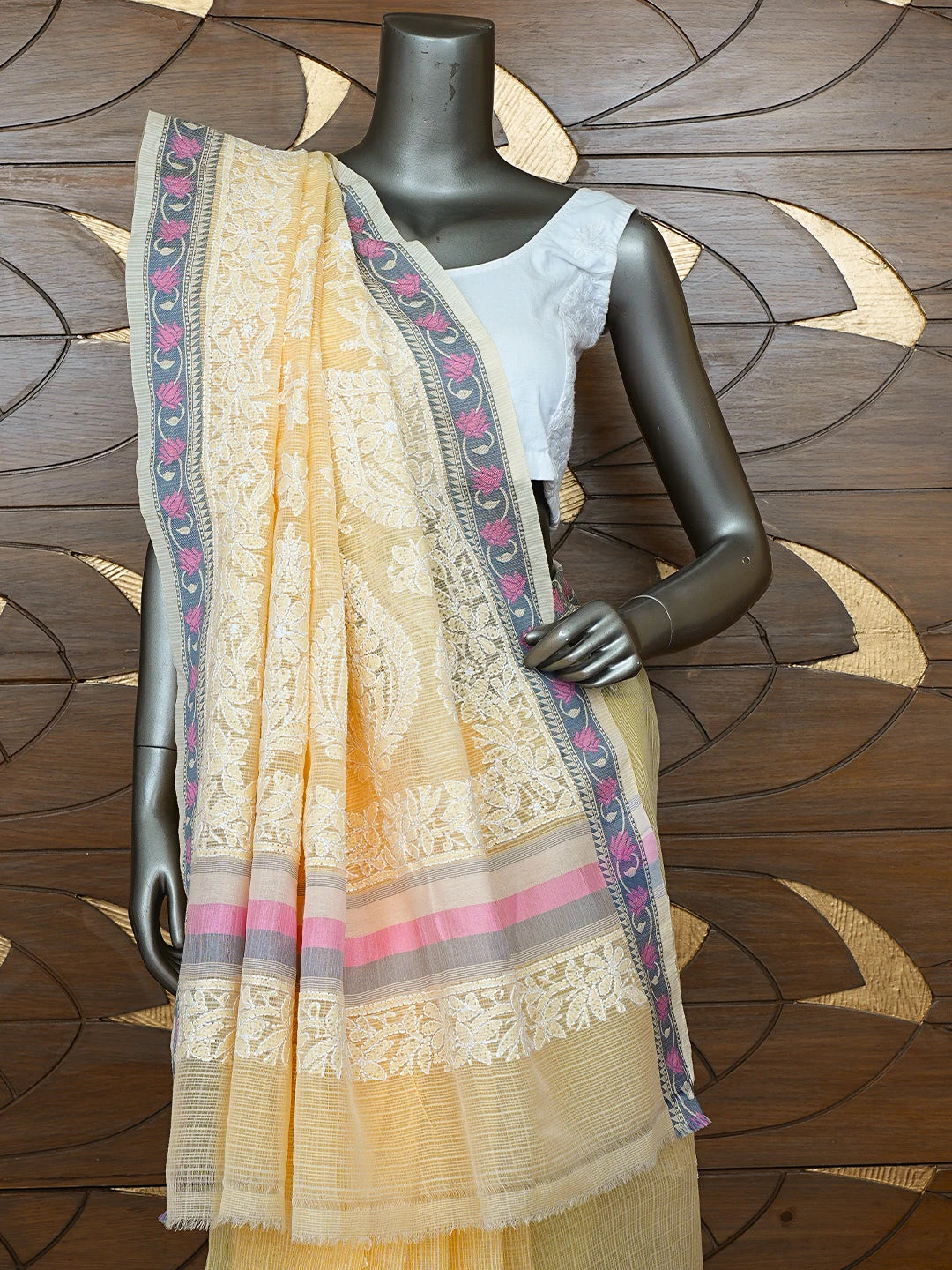 Ada Hand Embroidered Fawn Chanderi Lucknowi Chikankari Saree With Blouse 01A857753