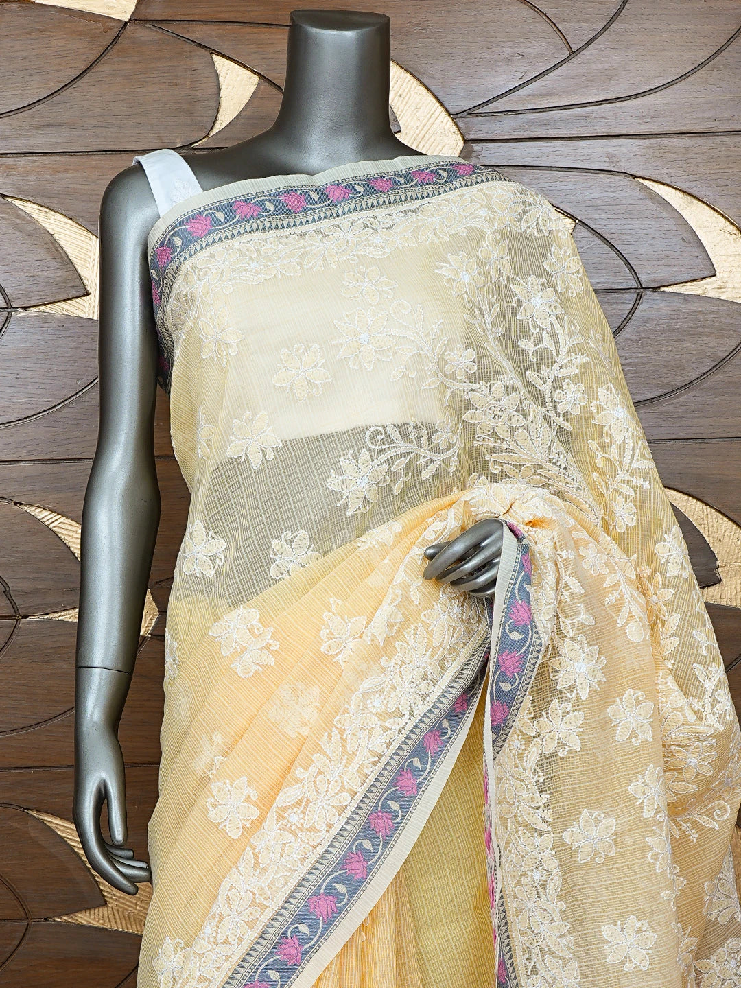 Ada Hand Embroidered Fawn Chanderi Lucknowi Chikankari Saree With Blouse 01A857753