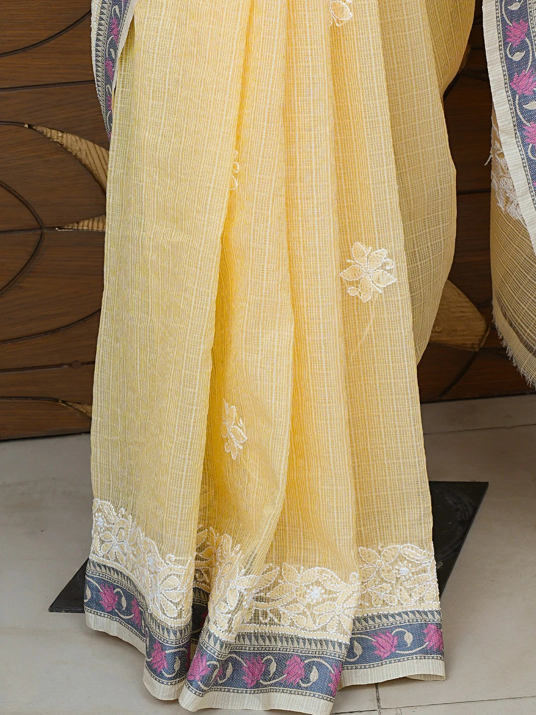 Ada Hand Embroidered Fawn Chanderi Lucknowi Chikankari Saree With Blouse 01A857753