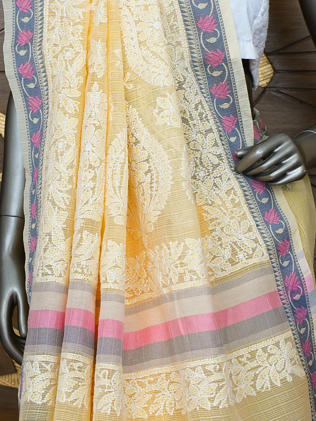 Ada Hand Embroidered Fawn Chanderi Lucknowi Chikankari Saree With Blouse 01A857753