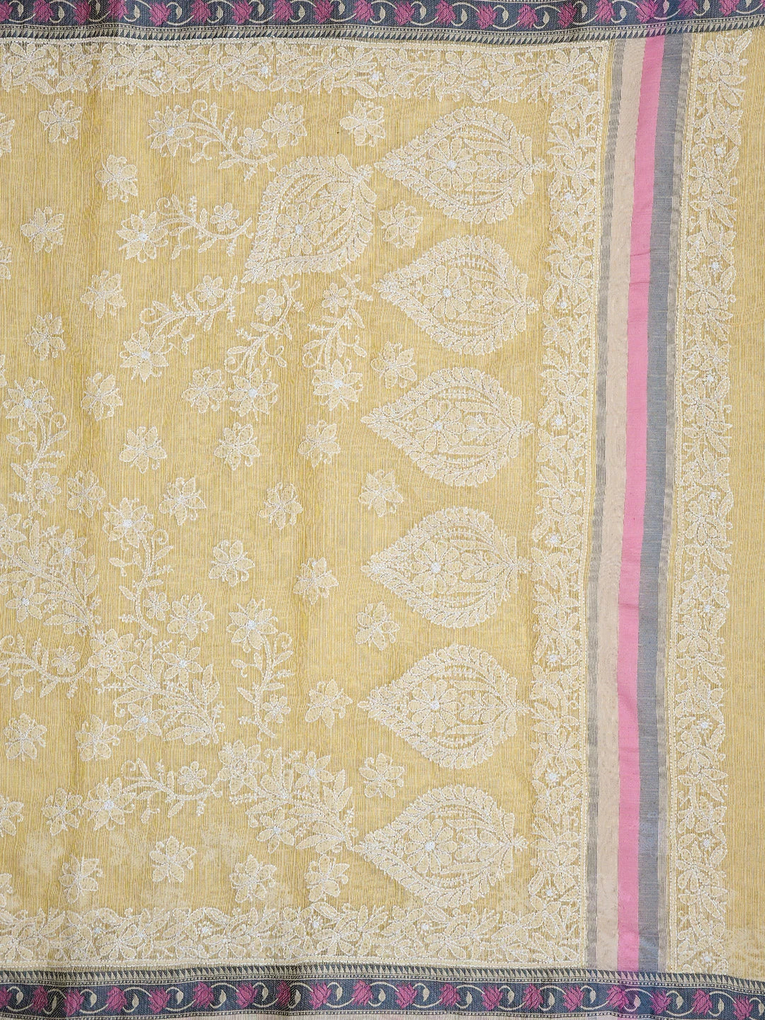 Ada Hand Embroidered Fawn Chanderi Lucknowi Chikankari Saree With Blouse 01A857753