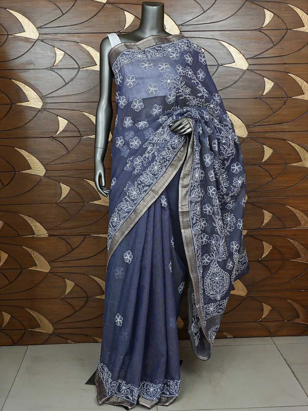 Ada Hand Embroidered Charcoal Grey Chanderi Lucknowi Chikankari Saree With Blouse 01A857762