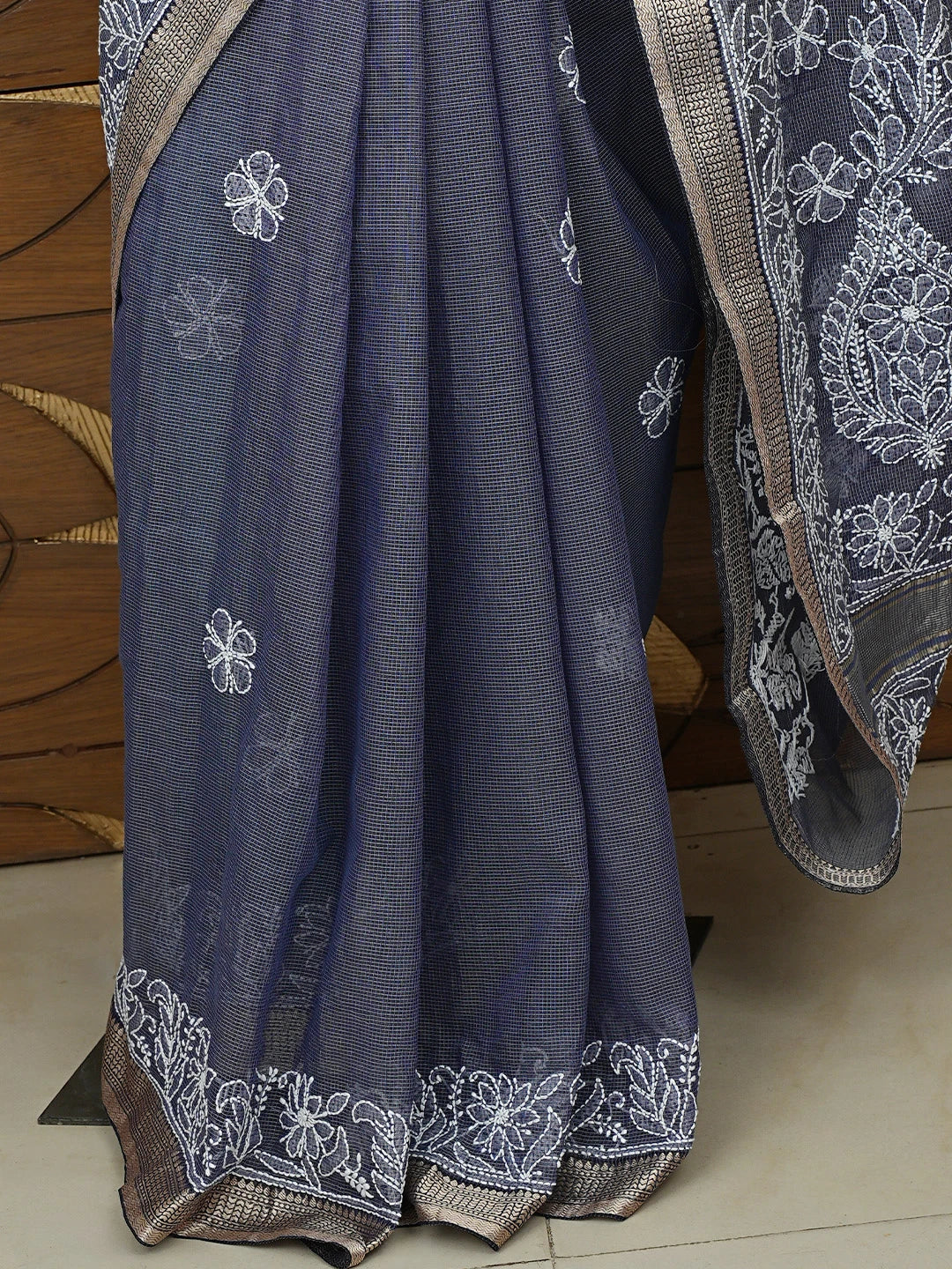 Ada Hand Embroidered Charcoal Grey Chanderi Lucknowi Chikankari Saree With Blouse 01A857762
