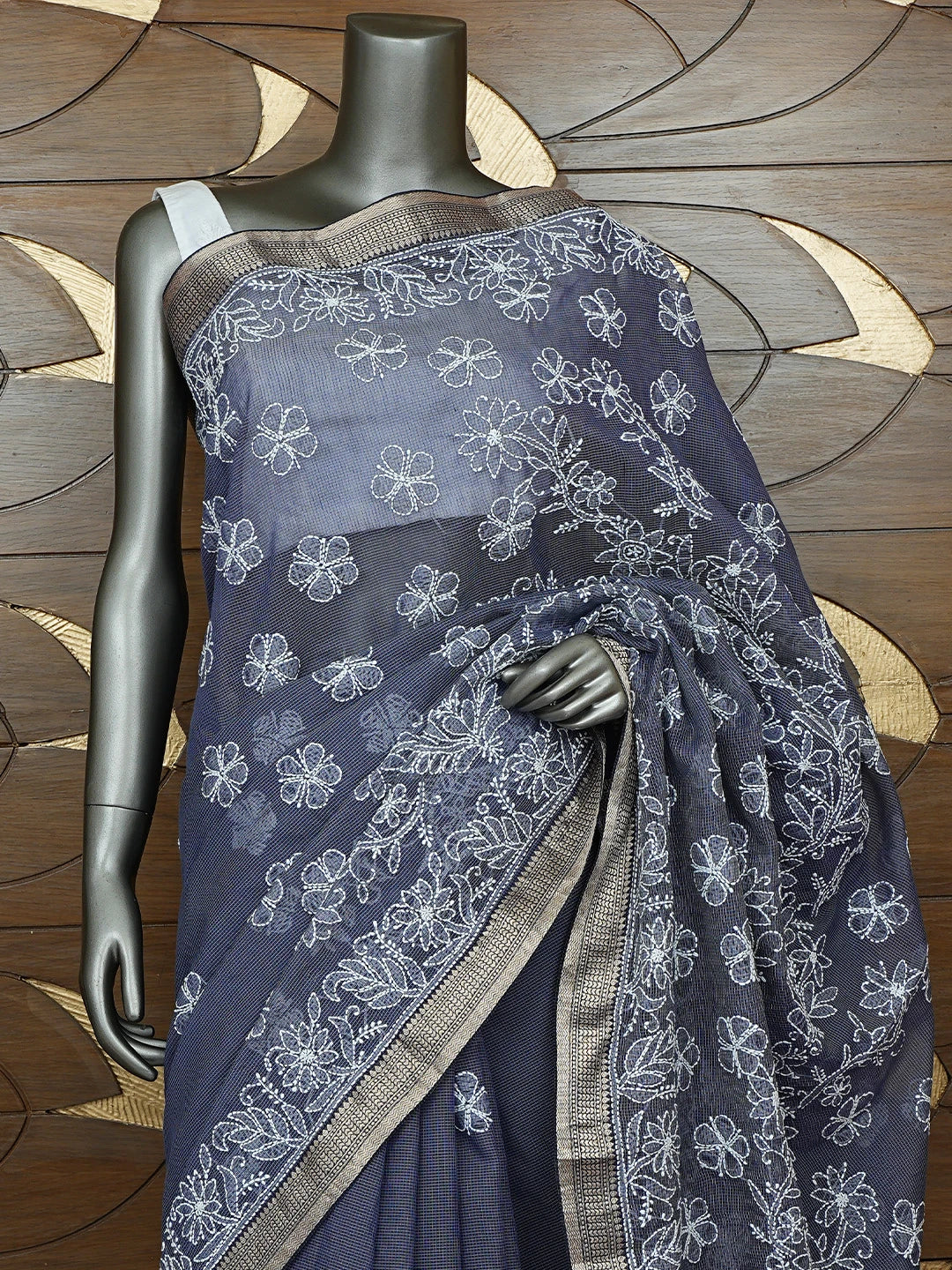 Ada Hand Embroidered Charcoal Grey Chanderi Lucknowi Chikankari Saree With Blouse 01A857762