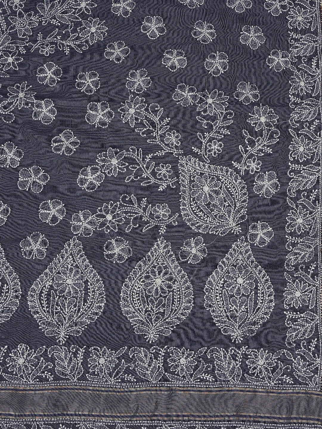 Ada Hand Embroidered Charcoal Grey Chanderi Lucknowi Chikankari Saree With Blouse 01A857762