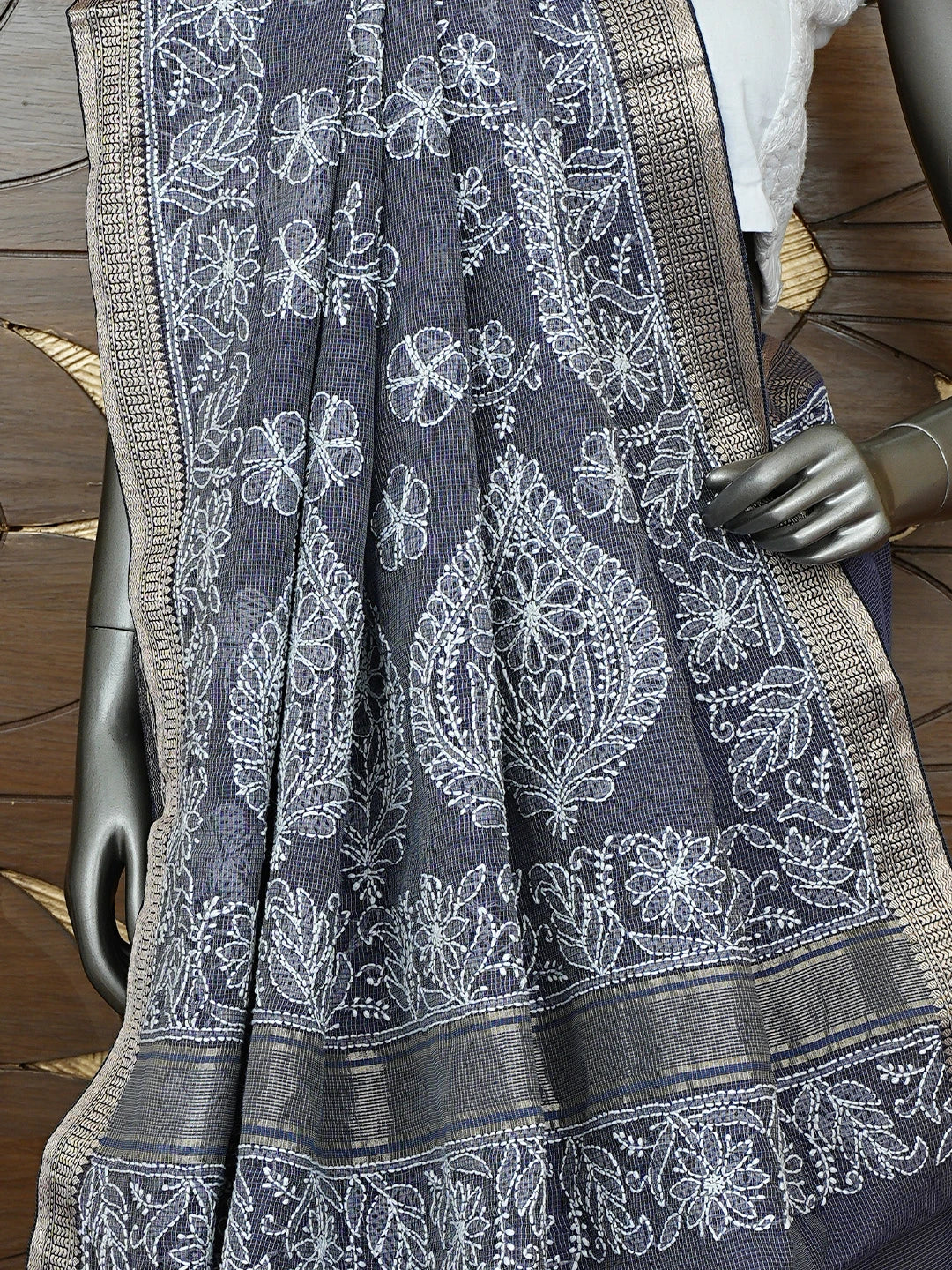 Ada Hand Embroidered Charcoal Grey Chanderi Lucknowi Chikankari Saree With Blouse 01A857762