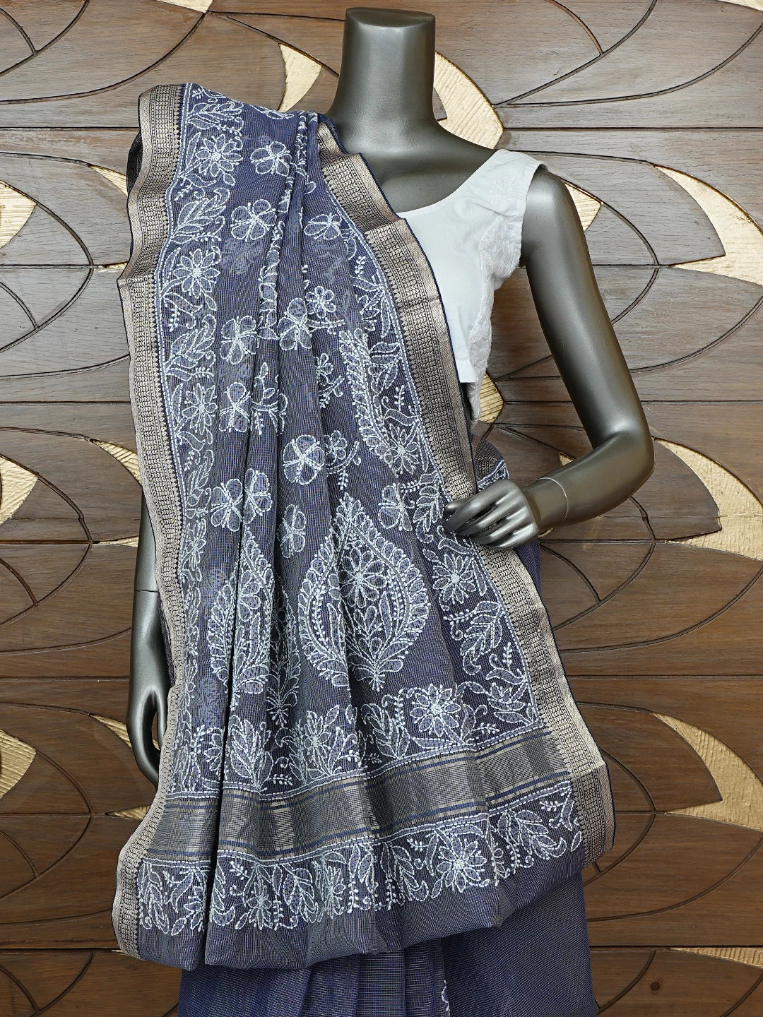 Ada Hand Embroidered Charcoal Grey Chanderi Lucknowi Chikankari Saree With Blouse 01A857762