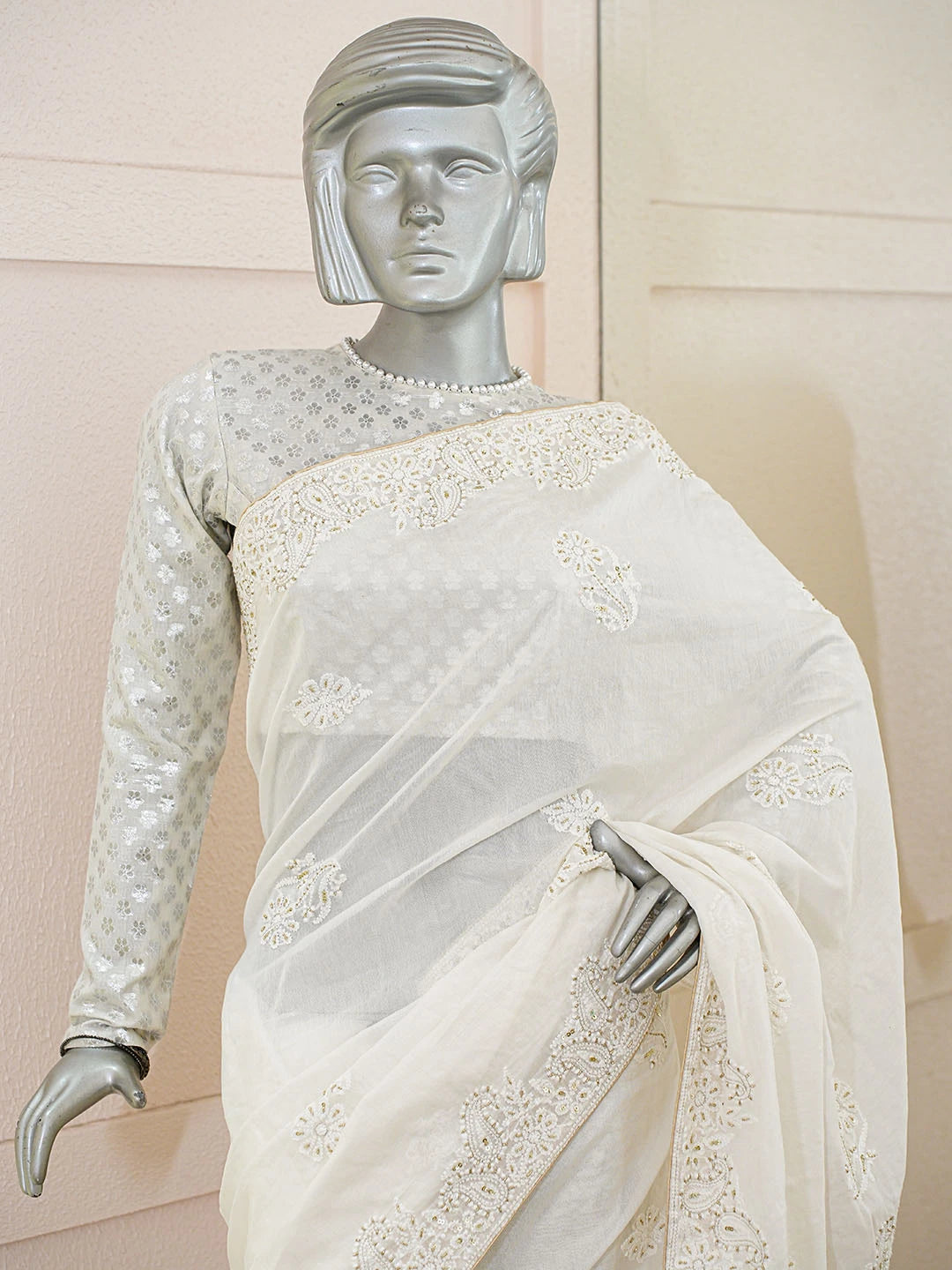 Ada Hand Embroidered White Chanderi Lucknowi Chikankari Saree and Blouse With Cutdana Work 01A820344