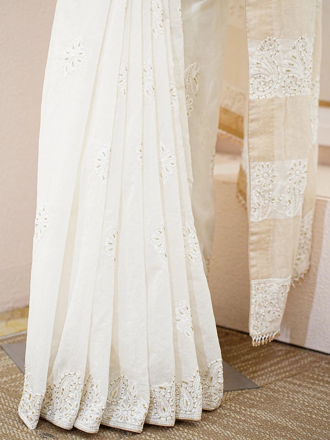 Ada Hand Embroidered White Chanderi Lucknowi Chikankari Saree and Blouse With Cutdana Work 01A820344