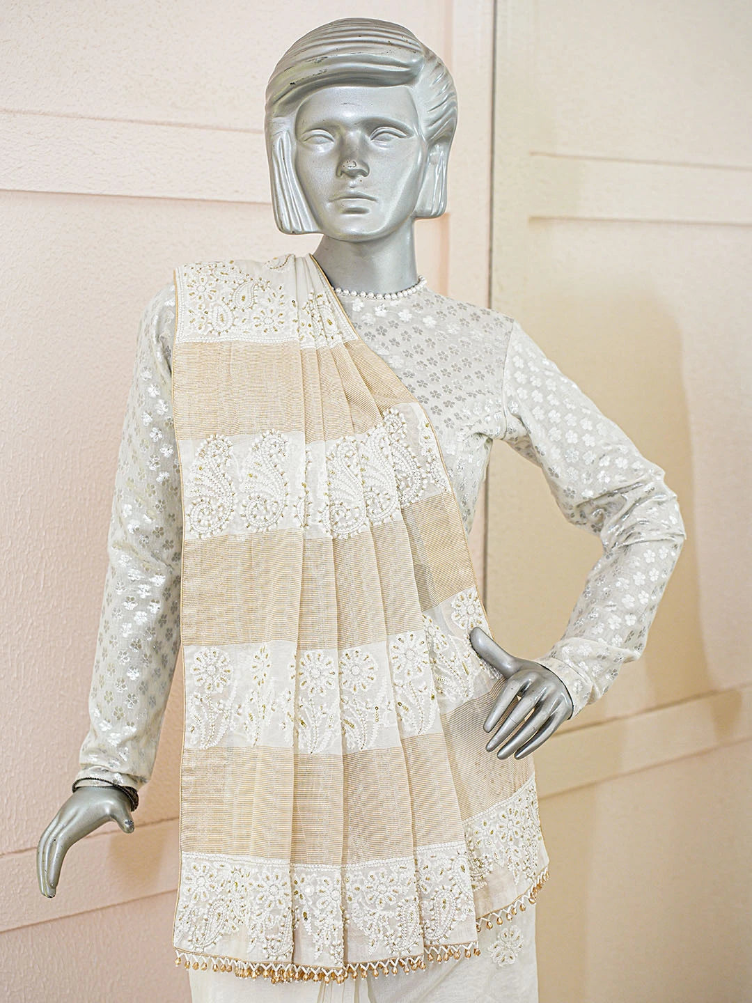 Ada Hand Embroidered White Chanderi Lucknowi Chikankari Saree and Blouse With Cutdana Work 01A820344