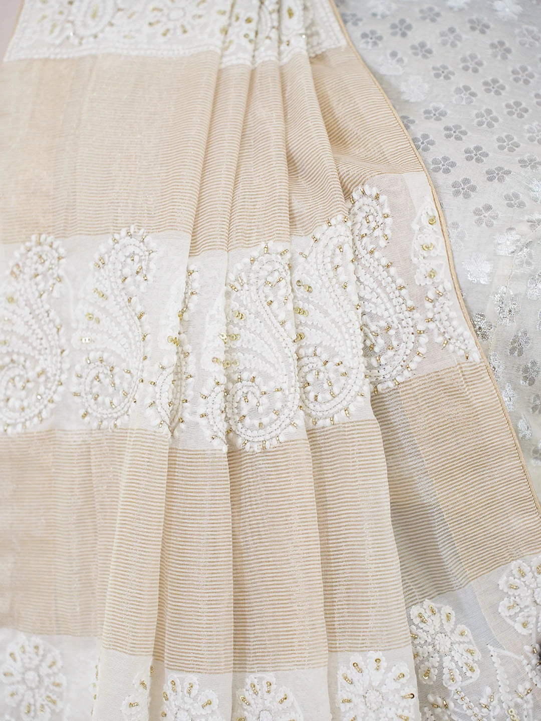 Ada Hand Embroidered White Chanderi Lucknowi Chikankari Saree and Blouse With Cutdana Work 01A820344